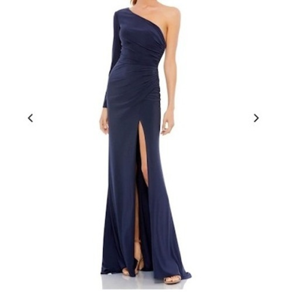 Ieena for Mac Duggal Style 26505 One Shoulder Navy Gown Evening Dress Size 6